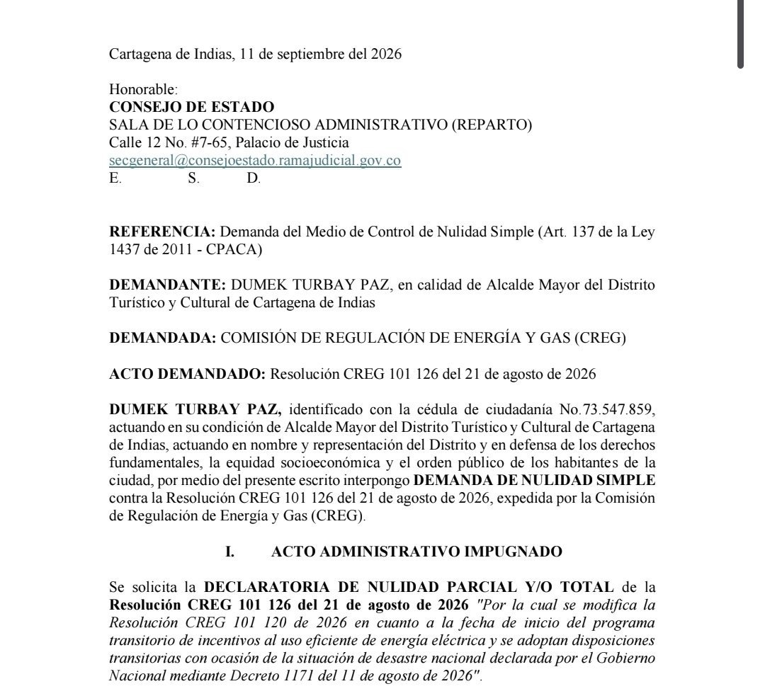 Oficio de la demanda de nulidad radicada por Cartagena contra la resolución 101-126 de la CREG