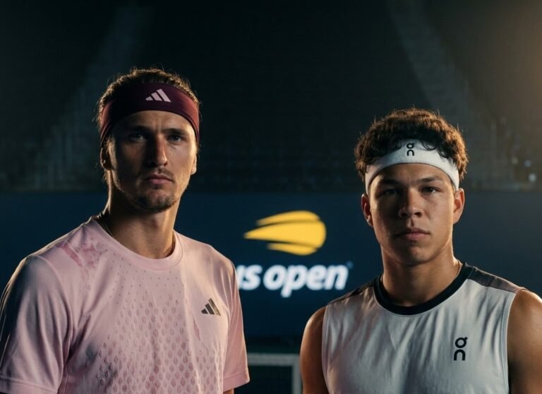 Alexander Zverev y Ben Shelton en una cancha de tenis durante el US Open