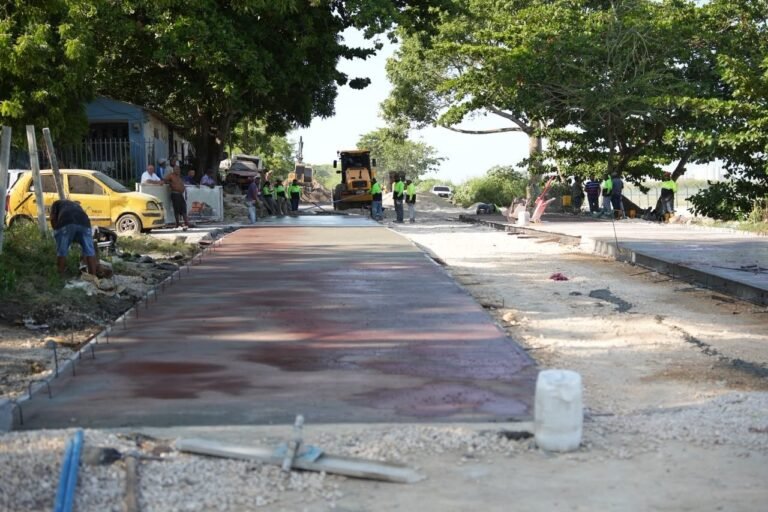Trabajadores instalando postes de luminaria LED en la ampliación de la Vía Perimetral de Cartagena