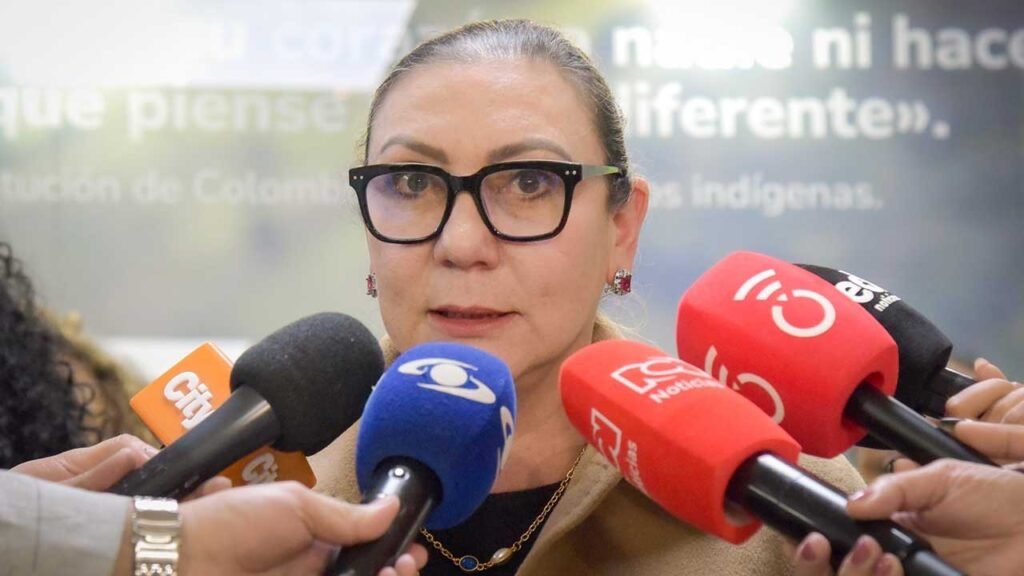 María Carolina Restrepo, directora del ICBF, habla ante micrófonos de varios medios de comunicación