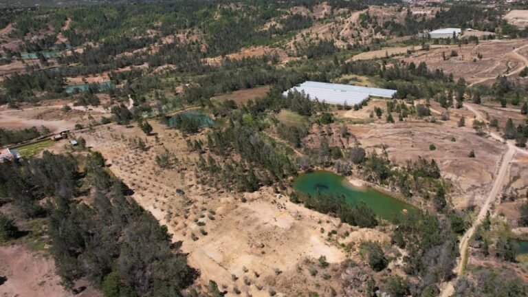 Vista aérea de un terreno seco con poca vegetación y una pequeña laguna, afectado por la sequía