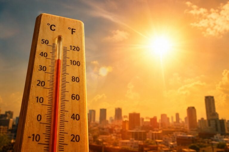Ilustración de un termómetro que marca alta temperatura frente al sol sobre los edificios de una ciudad
